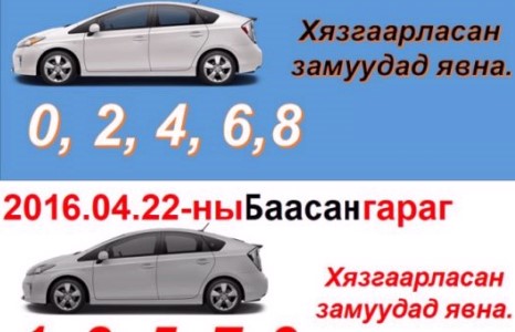Энэ сарын 21,22нд дугаарыг тэгш сондгойгоор хязгаарлан замын хөдөлгөөнд оролцуулна