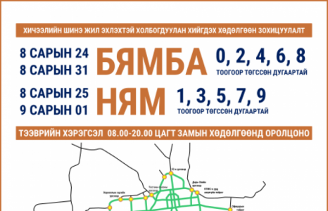 Амралтын өдрүүдэд автомашиныг тэгш сондгойгоор зорчуулна